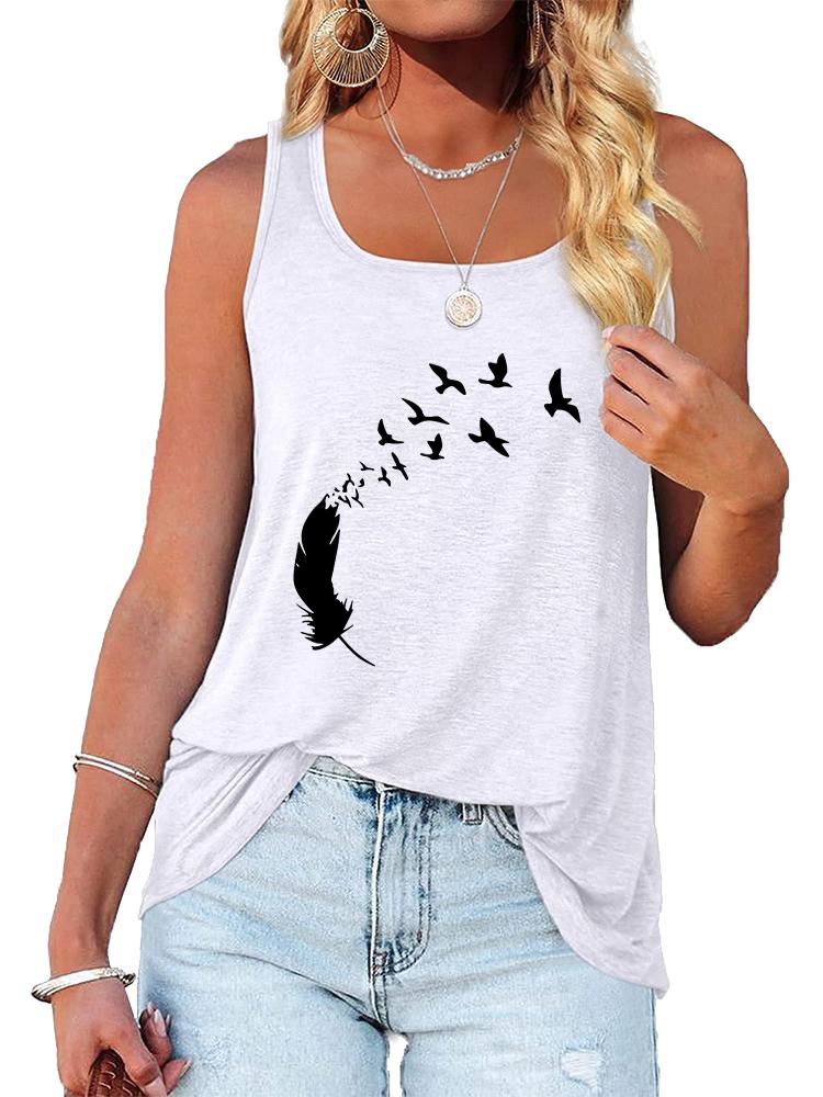 Women Fashion Print Sleeveless Top Summer Casual Round Neck T-shirt Pullover Loose Ladies Round Neck Tank Top