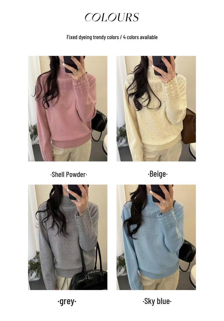 Rhinestone Jacquard Ruffled High-Neck Women's Soft Pullover Sweater