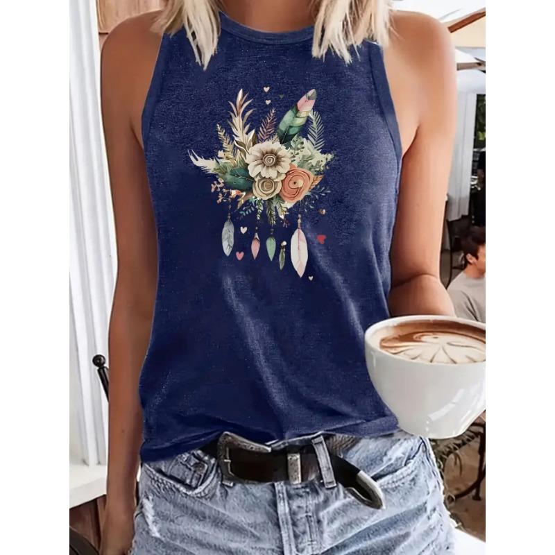 

Женский топ-халтер без рукавов с цветочным принтом, сексуальный, свободный, базовый жилет XXL темно-синий