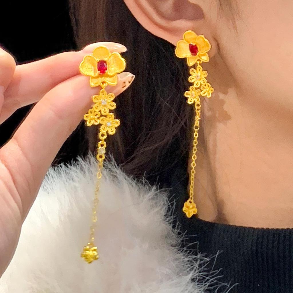 Xiaohongshu-Inspired Luxurious Gold Silk Flower Tassel Earrings for Women