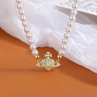 Naszyjnik z wisiorkiem Pearl Love w stylu vintage Elegancki koralikowy pełny diamentów Planeta imitacja pereł łańcuszek kołnierzyk Tide