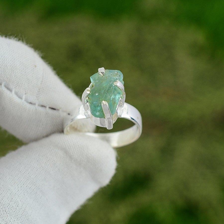 Natural Apatite Rough Gemstone 925 Silver Promise Ring Size 6.5 For Girls