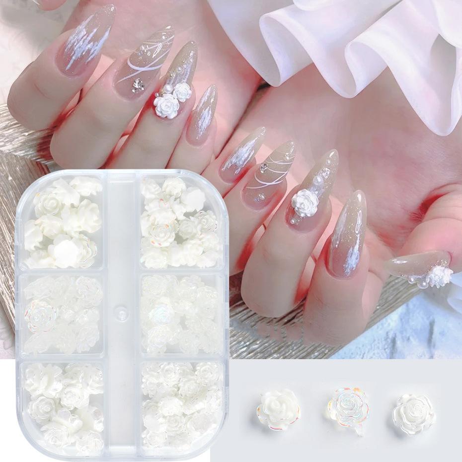6 Grid Camellia Flower Nail Ornament 3D Rose Solid White Jade Aurora Resin Flower Box Size Mixed