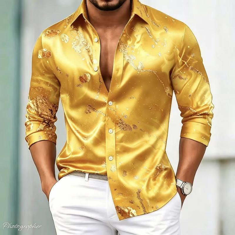 Herren Luxus Satin Langarmhemd mit 3D-bedruckten Seidenknöpfen und glänzender Oberfläche, Nachtclub Party Lässiges Modehemd