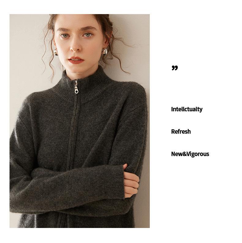 2025 Women's Casual Cashmere Knit Cardigan with Stand Collar, Loose Fit, and Zipper - Simple, Fashionable Long Sleeve Jacket