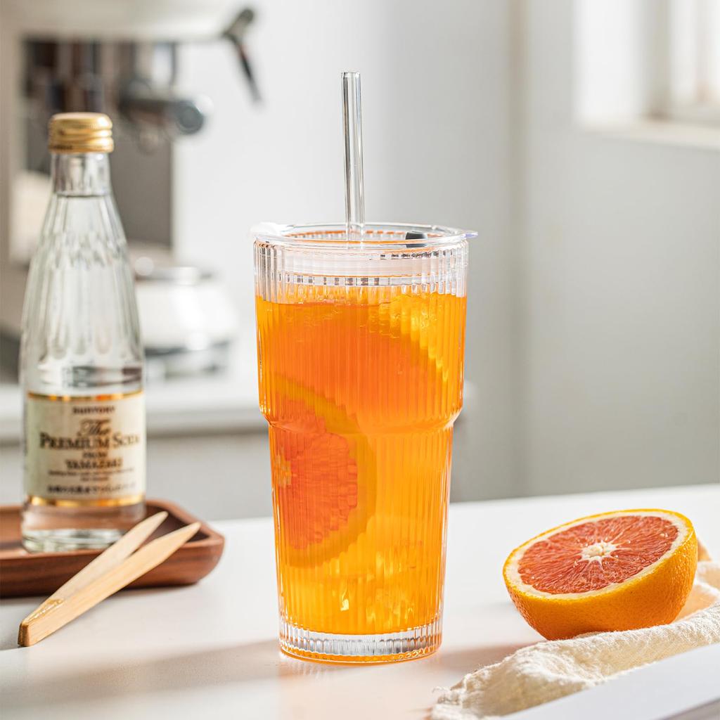  20 OZ High Borosilicate Glass Tumbler - with Lid & Straw, Hot/Cold for Coffee Glasses Home Office Drinkware