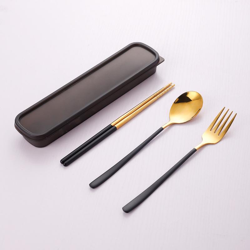 Korean Portable Stainless Steel Cutlery Set: Spoon, Fork & Chopsticks with Travel Box. Custom Logo Option Available.