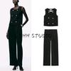 Round Neck Sleeveless Double Breasted Gold Plated Button Vest 8582851 High Waist Pleated Trim Baggy Pants 8606851