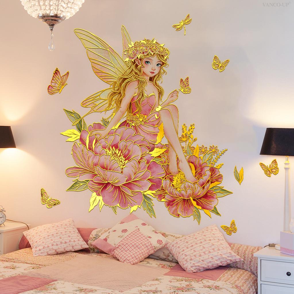 Tj13578 Hand-Painted Flower Fairy Bronzing On Flowers Wall Sticker Decoration Children'S Room Bedroom Background Self-Adhesive