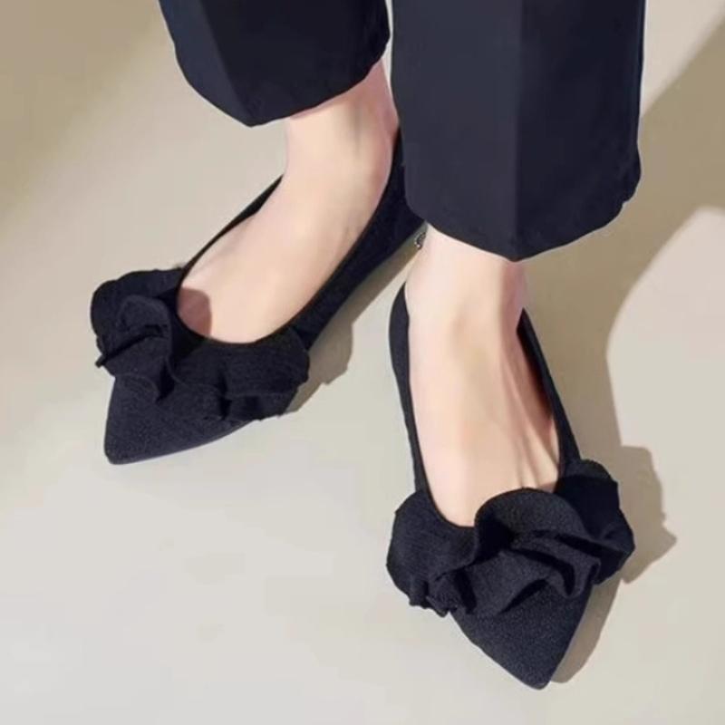 Comfortable Pointed-Toe Knit Brand Low-Heel Pumps for Women Fashion Pleated Design Flats Elegant Commuter Soft-Sole Office Shoes