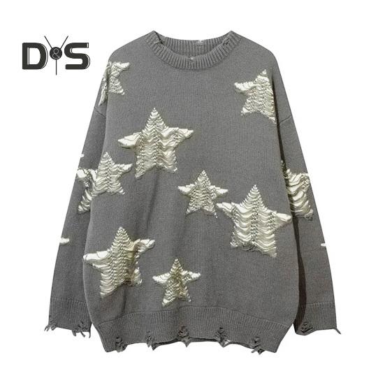 

Женский свитер свободного кроя со звездами и круглым вырезом, длинный рукав, свитер, топ, трикотаж на осень-зиму M серый