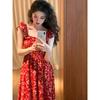 French retro enthusiastic red floral small flying sleeve square neck dress, summer new waist and thin long pear shape