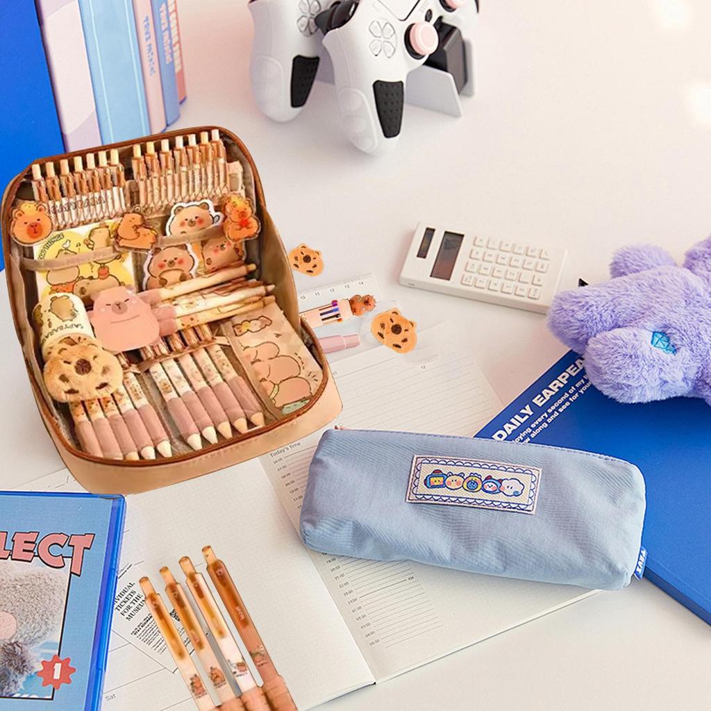 Capybara Stationery Set Portable Stationary Bag Cute Pencil Case with Pens Clips Rulers and More Wide Opening Pencil Organizer