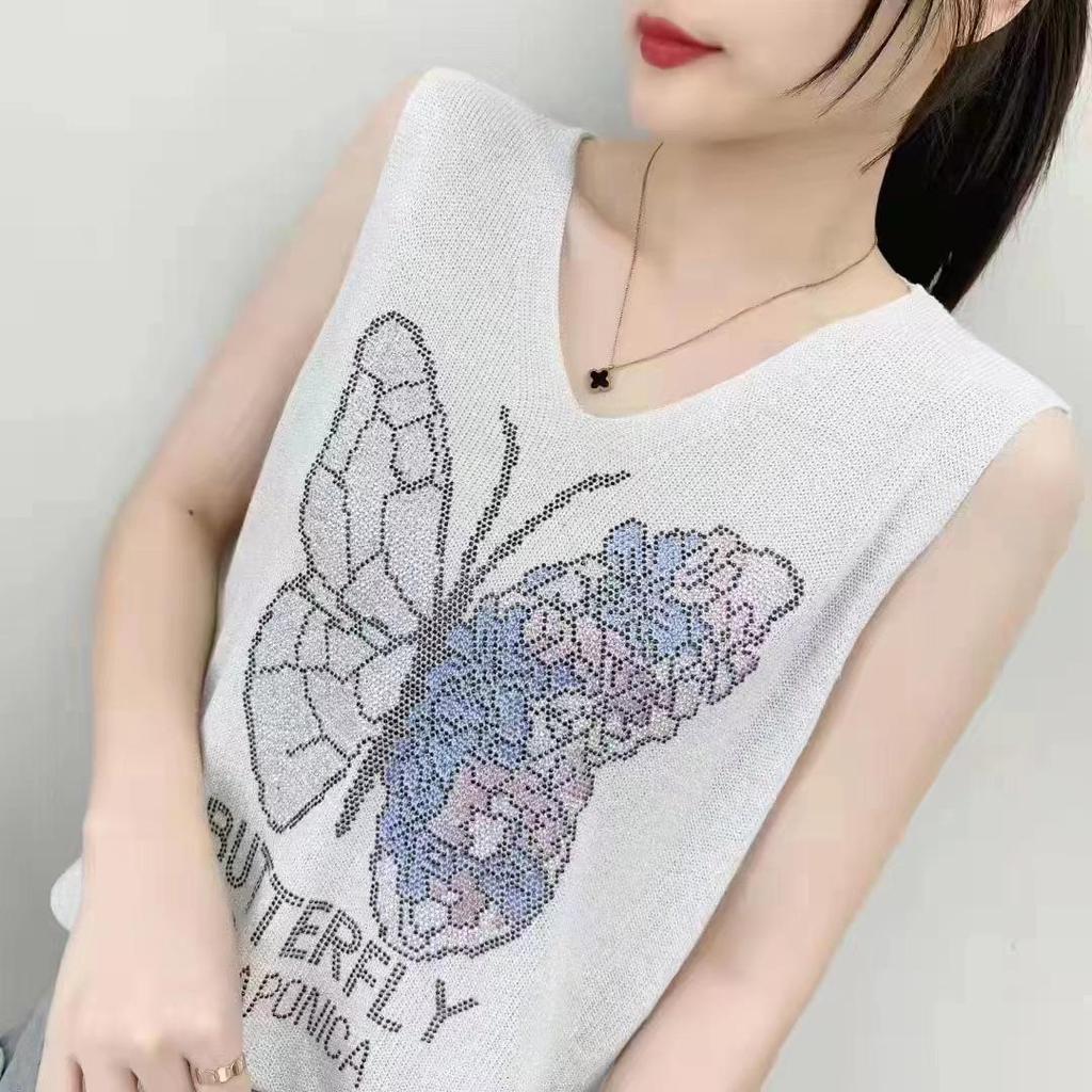 2023 Shiny Silk Sleeveless V-Neck Women's Vest - Spring/Summer New Style, Loose Fit with Hot Diamond Sling Knitted Design
