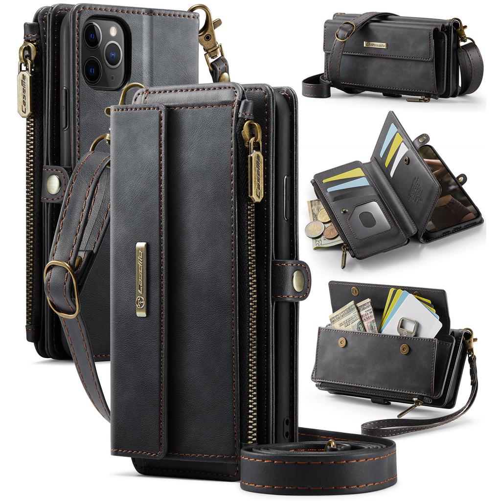 For iPhone 11 Pro Max Case CASEME C39 RFID Blocking Zipper Wallet Stand Leather Cover with Strap