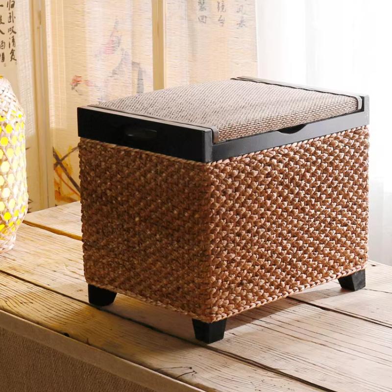 Nordic Rattan Storage Stool, Bench with Storage for Entryway, Footrest Ottoman for Living Room Bedroom, Multi-Functional Seating