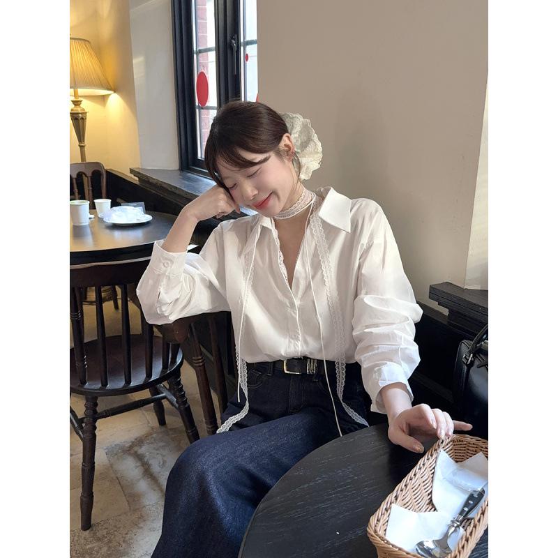 Plus Size Elegant Lace Tie-Up Polo Collar Shirt - Spring Loose Design Plus Size 4XL