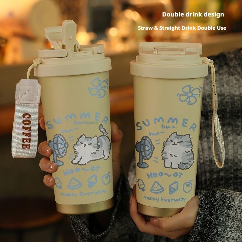 520ml Cute Cartoon Cat Insulated Cup High Appearance Stainless Steel Straw Cup Cold And Hot Insulation Double Drinking Cup