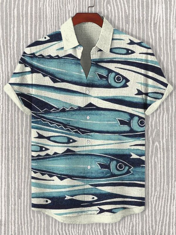 Summer Men's Casual Sea Life Graphic Short Sleeved Shirt Button Down Lapel Shirts Oversized Tops Casual Hawaiian Shirt for Men