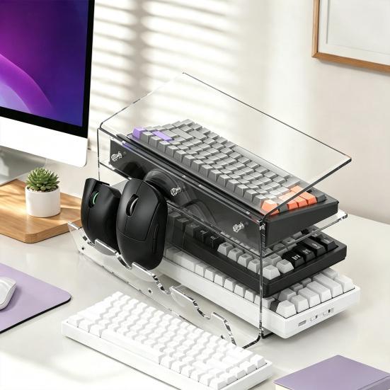 Computer Peripherals Organizer 3-Tier Keyboard Display Stand, Ergonomic Tilt Acrylic Storage Organizer, Shelf Space Saving Holder for Mechanical