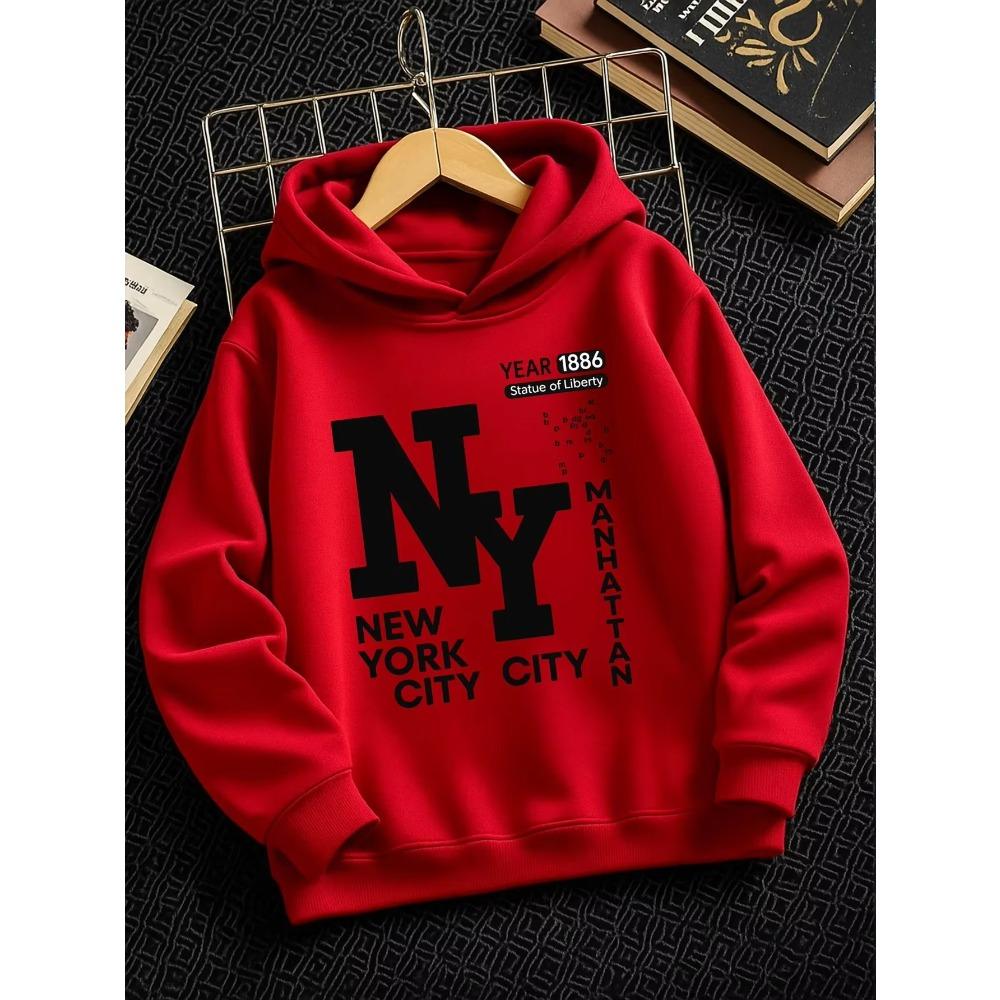 Retro New York City Kids Hoodie Manhattan Text Print Pullover Autumn Winter Fleece Warm Street Style Children Hooded Sweatshirt