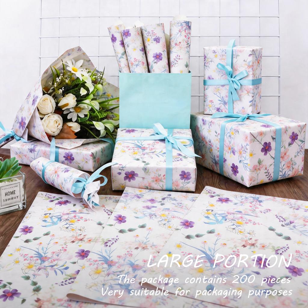 200 Sheets Floral Tissue Paper 35x50 CM Colorful Wrapping Paper Decorative DIY Craft Tissue Paper for Flower Gift Packaging