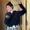 2025 Women's Korean Style Loose Tassel Sweater with Hooded Zipper and Torn Edge Design for Autumn Winter