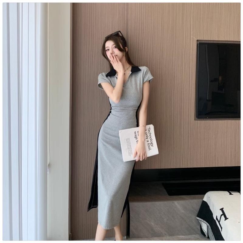 French Dopamine Spicy Girl Slimming Dress - Summer 2025 New Arrival, Color Block Patchwork, Long Slit Design XL
