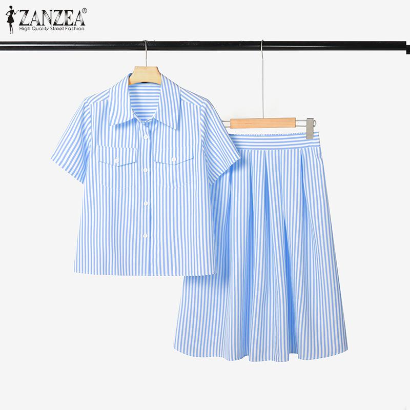 ZANZEA Women Short Sleeve Blouse and Skirts Summer Stripe Two Piece Suit Sets