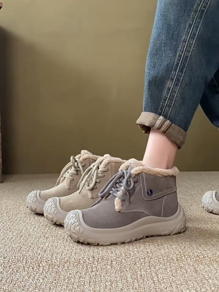 Johnature Anti Slip Round Toe Casual Versatile Short Boots Warm Plush Nubuck Women's Cotton Boots