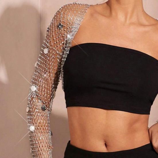 Damski Bolerko z Piórami i Dżetami Długi Rękaw Siateczka Fishnet Błyszczący Odkryty Przód Cover Up Błyszczący Crop Top na Imprezę