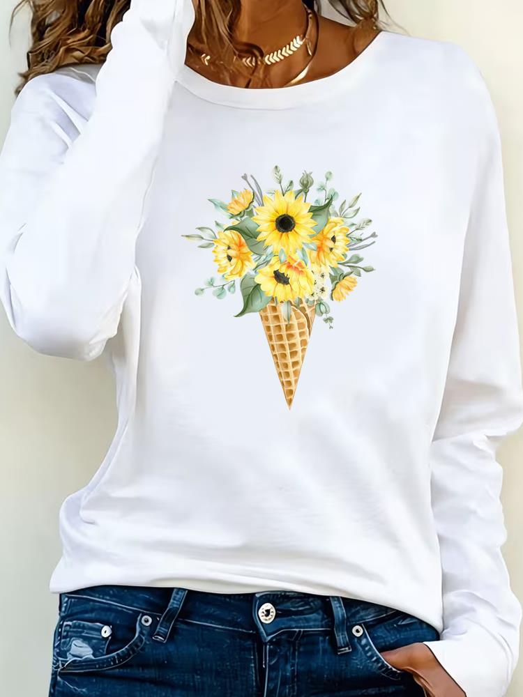 (Asian Size) sweet flower cute 90s Tee Lady Printed  Female Clothing Women T Shirt Casual Fashion Top Long Sleeve  Graphic T-shirts