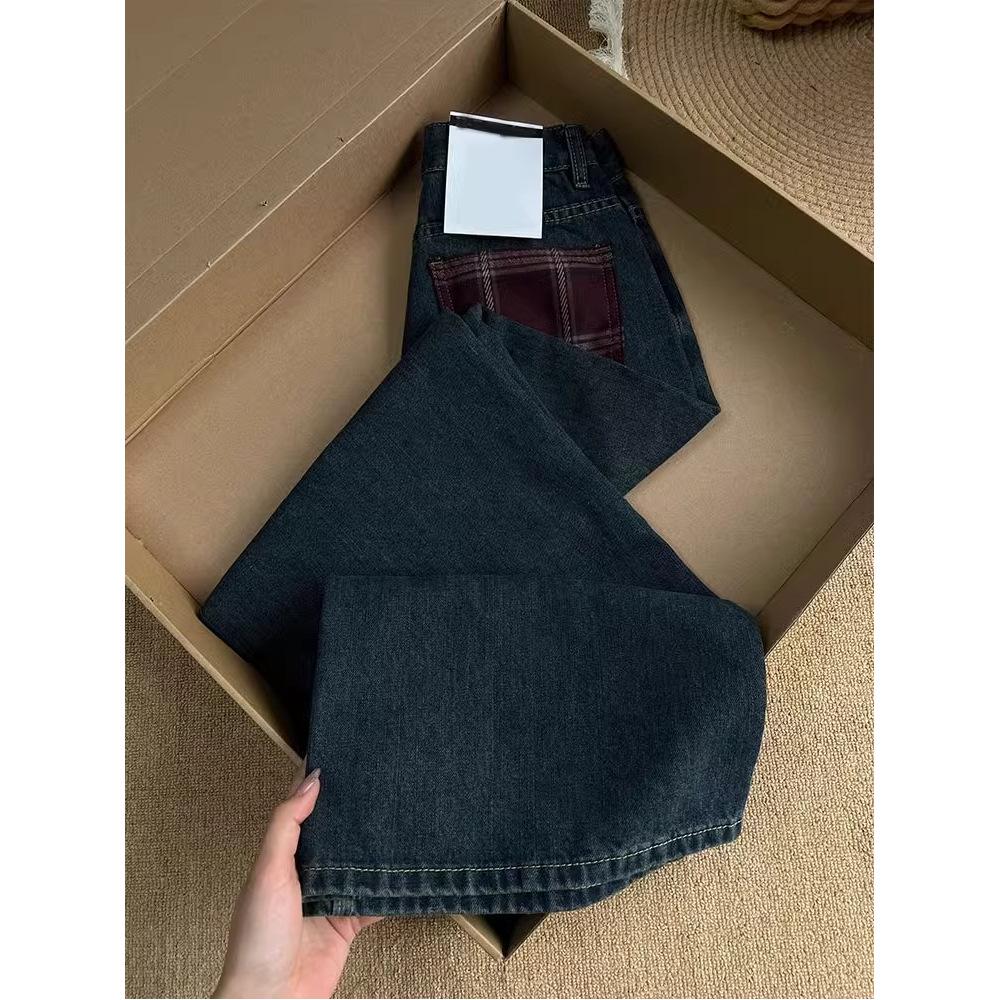 Women s Retro Plaid Patchwork Wide-Leg Jeans - Loose, Slimming, Floor-Length Pants XS