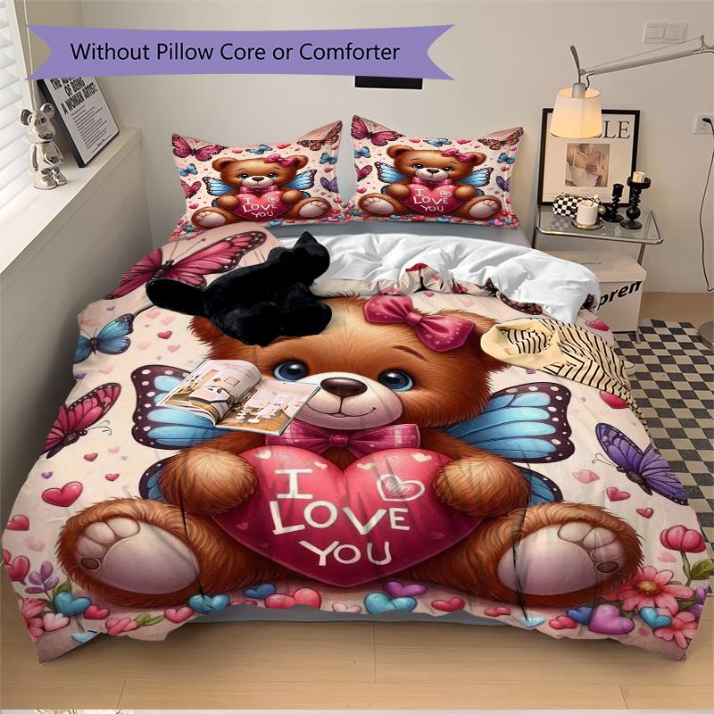 3pcs Anime Teddy Bear 'I Love You' Bedding Set - Includes One Quilt Cover and Two Pillowcases (No Filling) - Polyester Fabric, Perfect for B