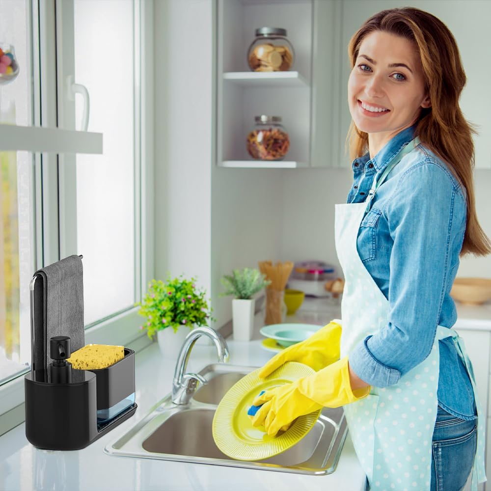 Kitchen Soap Dispenser Set, Soap Dispenser for Kitchen Sink, Dish Soap Dispenser with Sponge Holder, Rag Holder and Tray, 4-in-1 Organizer for