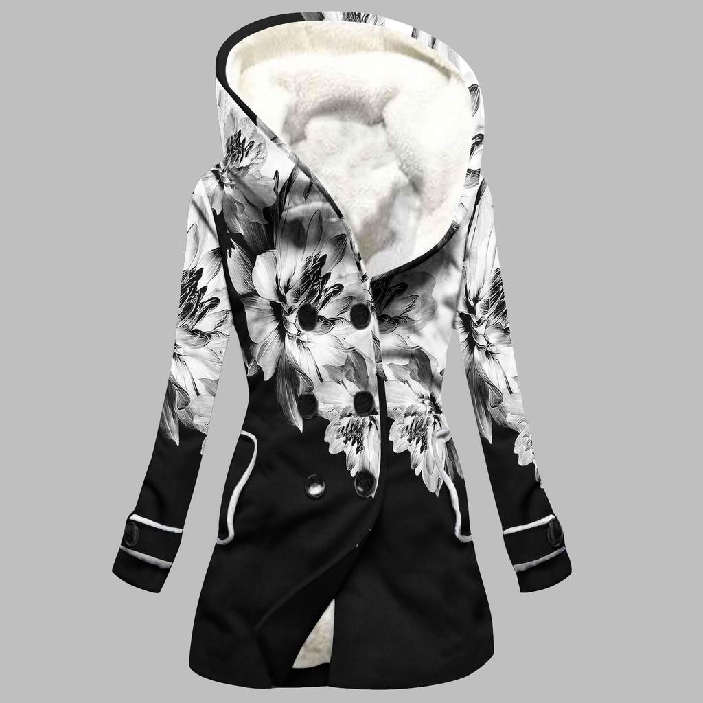 Große Jacke für Damen mit warmer und plüschiger Kapuzenjacke mit geometrischem Aufdruck und Taschen