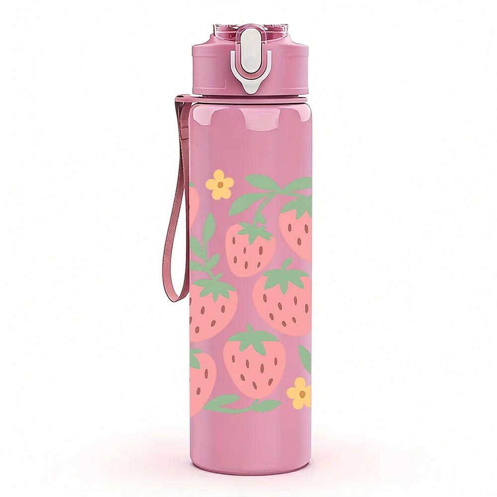 1PC Fresh Strawberry Floral Pattern 750ml Color Plastic Sports Water Bottle Leakproof Flip Straw Lid Suitable for Sports Office Home Use