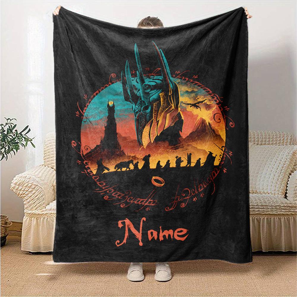 Lord Of The Rings Gondor Silhouette With Ring Flannel Blanket Personalized Name Comfortable All Seasons Suitable For Sofas Beds Travel Camping Office