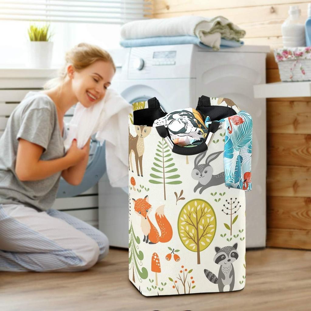 Laundry Hamper Bucket Cute Woodland Animals Trees Mushrooms Berries Collapses Laundry Basket Washing Bin for Home Organizer Nursery Storage Baby