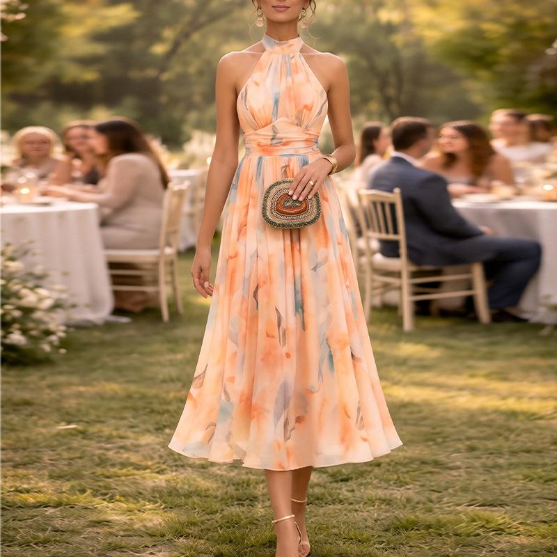 Spring New, Elegant Vacation Print Neck Sleeveless Dress Long Dress
