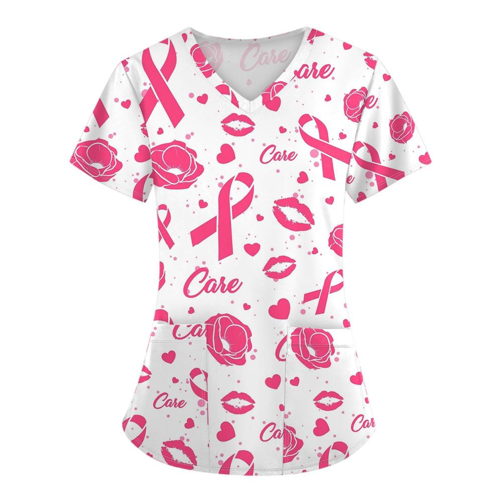 Surgical Uniforms Woman Heart Printed V-Neck Nurses Tops Short Sleeve Patch Pocket Medical Uniforms Surgical Uniforms Nursing