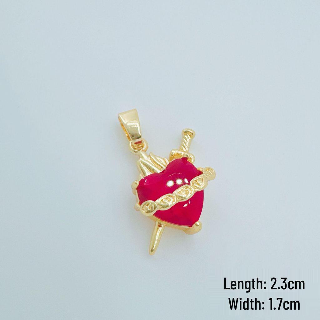 European & American Red Heart Zirconia Cross Pendant Necklace, Gold-Plated Copper, Peach Heart Design for Women.