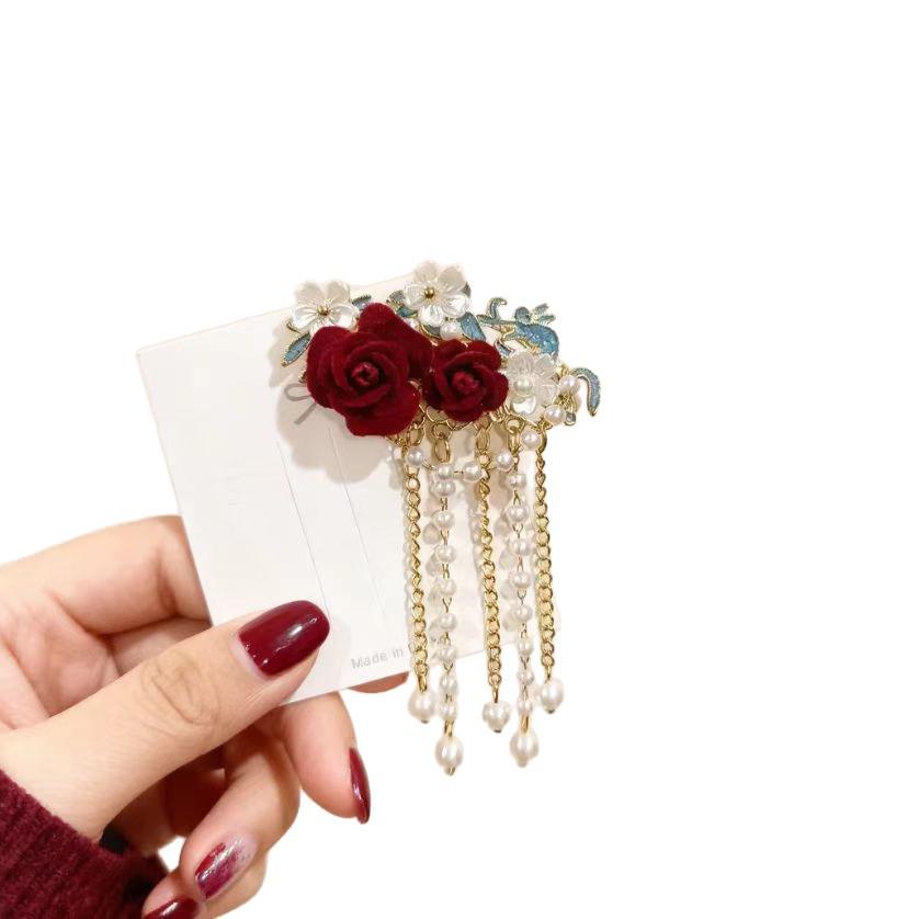 Elegant Red Rose Bridal Hairpin: Chinese Style U-Shaped Tassel Headdress