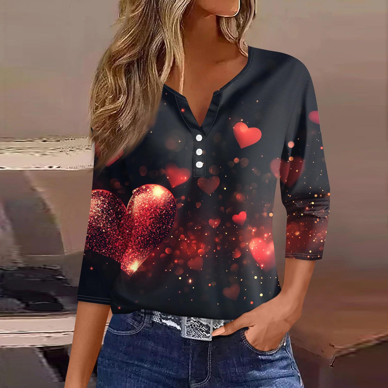 

Женская мода повседневная футболка с принтом ко Дню святого Валентина, V-образным вырезом, декоративными пуговицами и рукавом три четверти M чёрный