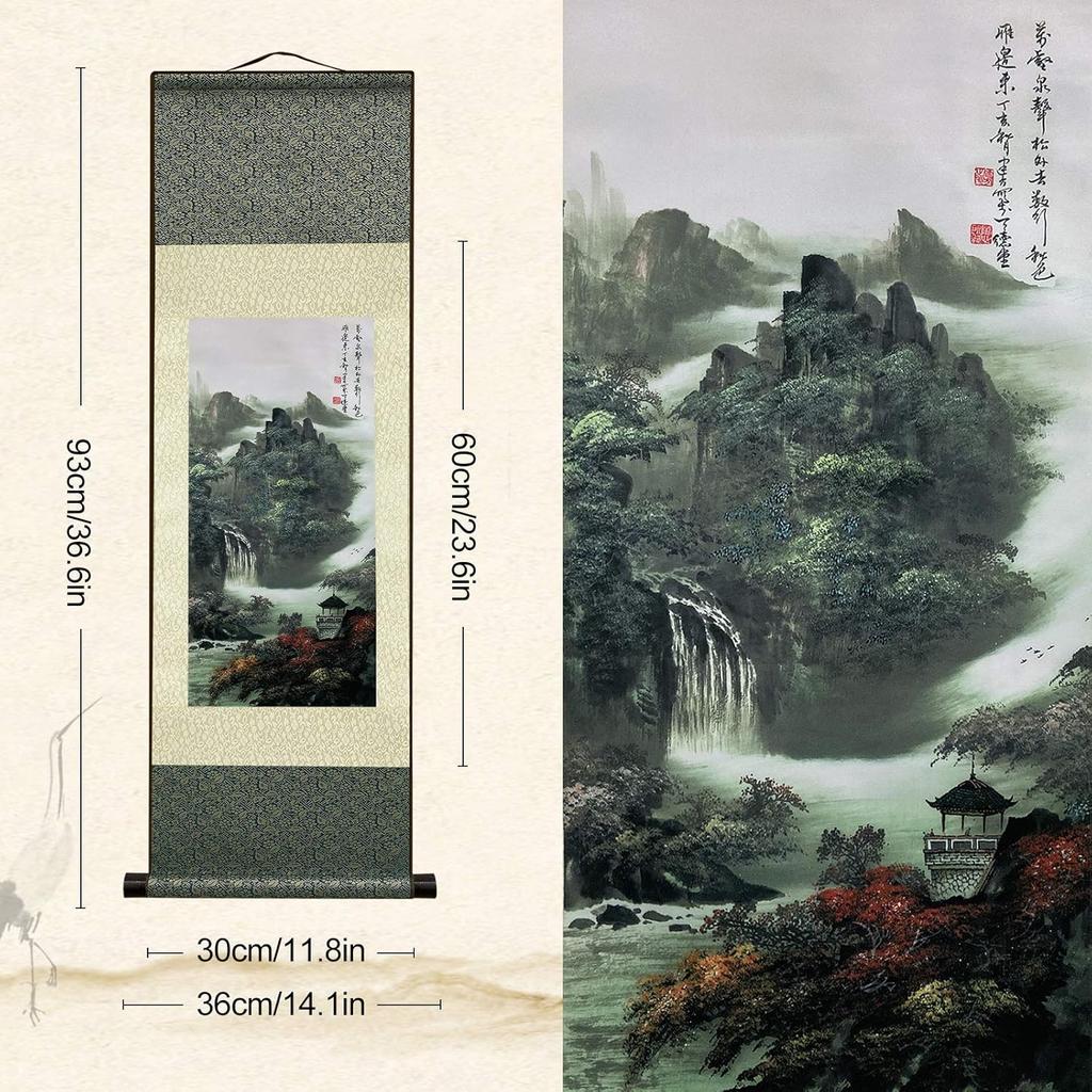 AtfArt Asian Wall Decor - Beautiful Silk Scroll Painting of Waterfall River Landscape - Mountain Spring Autumn Color Oriental Decor Chinese Art Wall