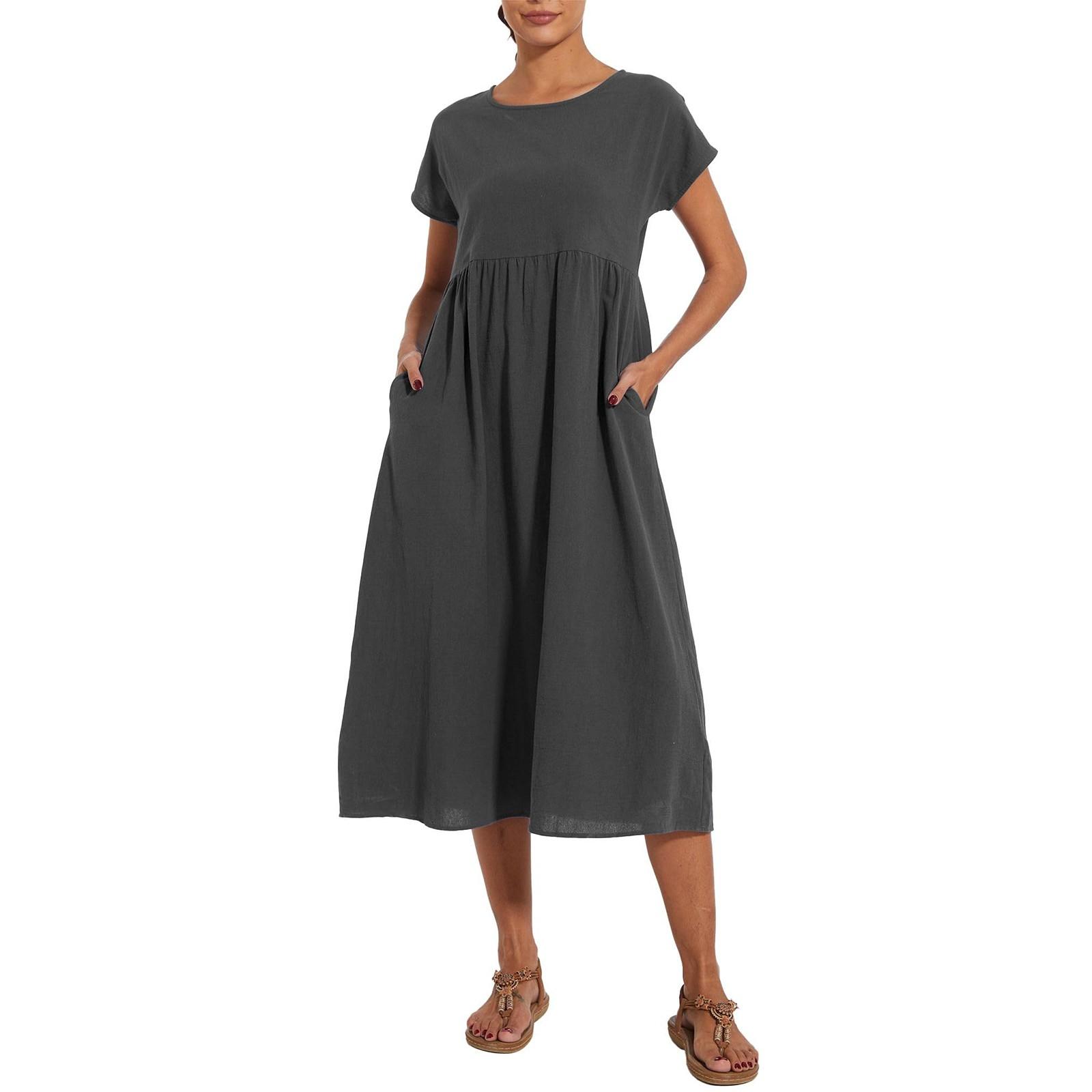 

Однотонное свободное платье из хлопка и льна без рукавов с карманами S