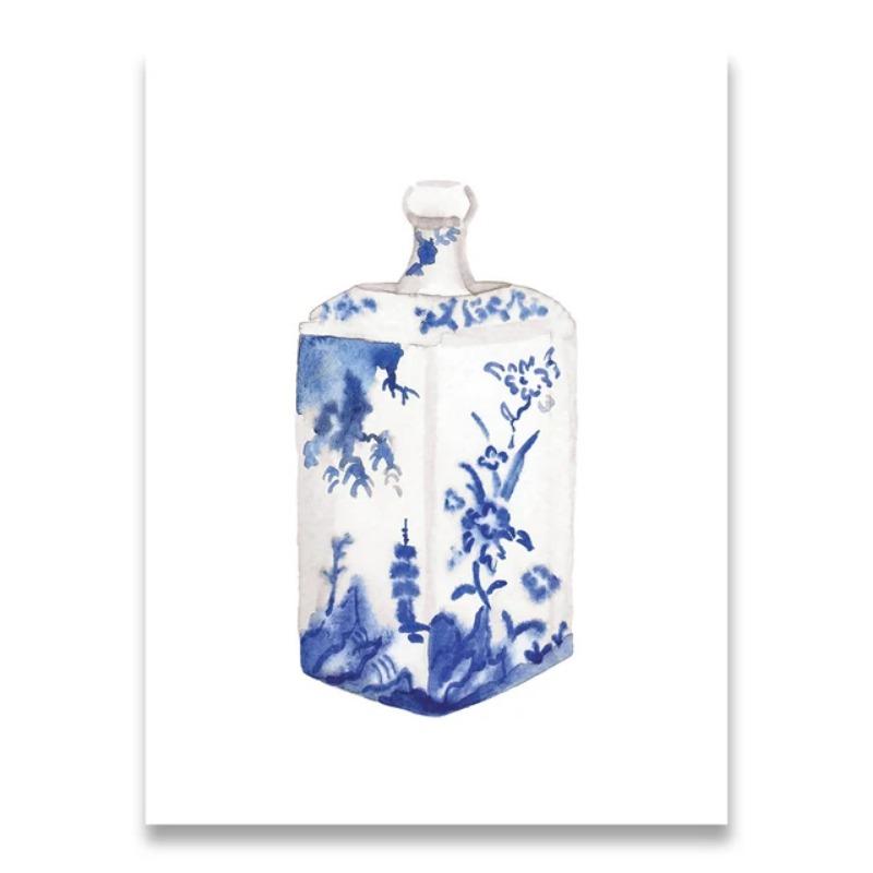 Blue and White Chinese Vase Watercolor Art Prints  Ginger Jar Oriental Porcelain Canvas HD Poster  Elegant Home Wall Decor Paint