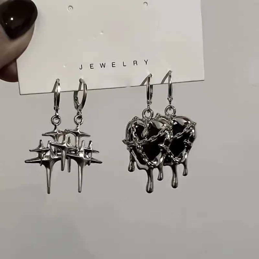 Y2K Gothic Silver Color Liquid Metal Thorny Heart-shaped Star-shaped Pendant Dangle Earrings for Women Hip-hop Punk Jewelry Gift