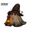 Resin Ghost Figurine Halloween Wizard Hat with LED Lighted Lantern, Vintage Collectible Fairy Tale Figure Witch Statue for Fall Tabletop