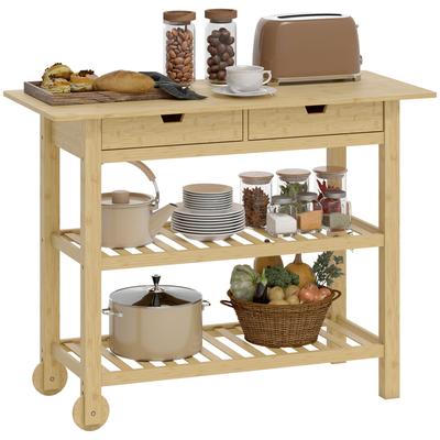 Bamboo Kitchen Trolley On Wheels, Kitchen Cart with 2 Drawers, 2 Shelves, 100 X 43 X 75 Cm, Natural Wood